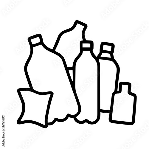 Minimalist Outline Plastic Waste Pile Icon – Simple Bottles & Abstract Debris, suitable for pollution awareness concept