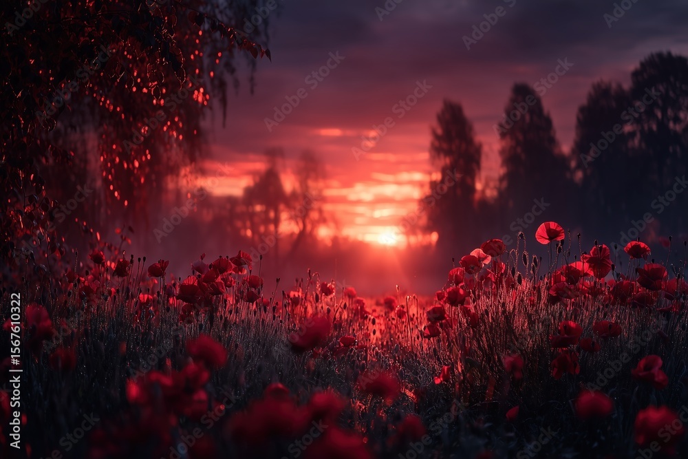 Fototapeta premium Vibrant red poppies bloom under a dramatic sunset sky in a serene field during twilight hours near a tranquil forest