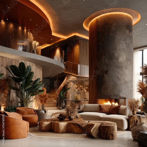 Luxurious, modern interior with warm earthy tones, featuring a large, curved, stone fireplace and a wooden coffee table