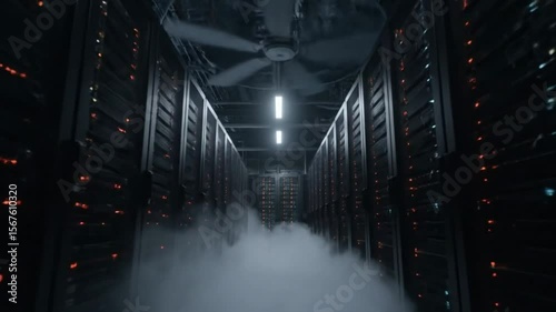 Underground Server Chamber with Blinking Red Lights and Slow Pan Through Ambient Fog