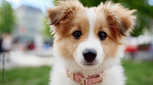 Adorable young puppy with fluffy white and brown fur, big expressive eyes, outdoor park setting, playful and curious temperament