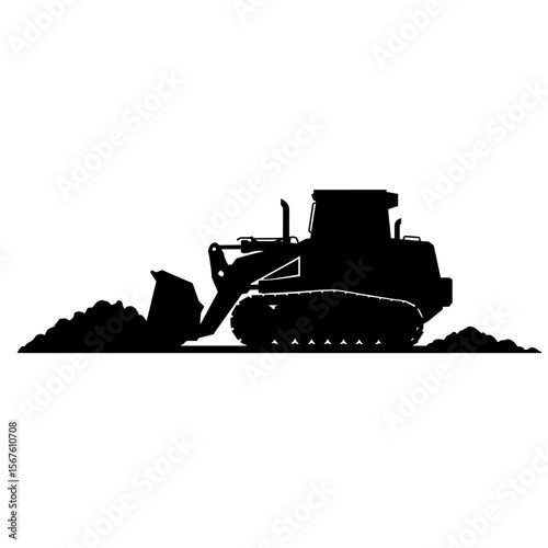 Silhouette of a bulldozer pushing a pile of dirt, showcasing heavy machinery in action.