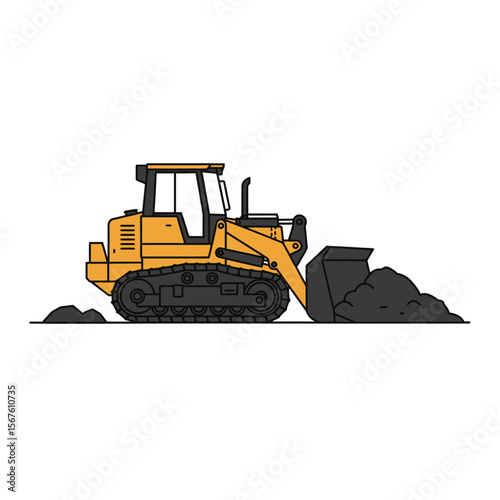 A side view illustration of a yellow bulldozer pushing dirt.