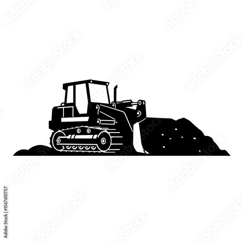 A black and white illustration of a bulldozer moving earth, showcasing heavy construction equipment.