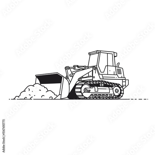 A black and white illustration of a bulldozer pushing a pile of earth.
