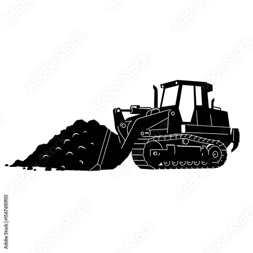 Silhouette of a bulldozer moving a pile of earth.