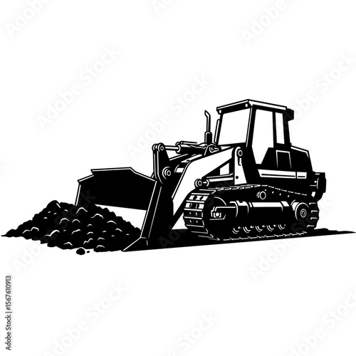 A powerful bulldozer moves earth, its blade full of soil, showcasing construction or demolition work.