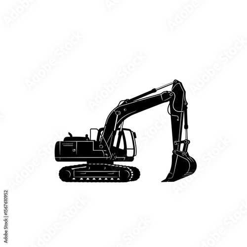 Silhouette of a heavy construction excavator in a side profile, ready for digging.
