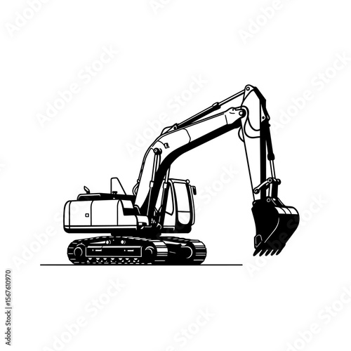 A black and white vector illustration of an excavator with its bucket raised, ready to dig.