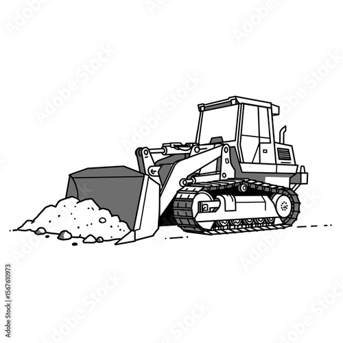 A black and white illustration of a bulldozer with a load of dirt.