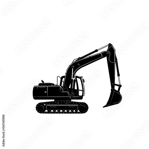 Black silhouette of a powerful excavator, ready for construction work.