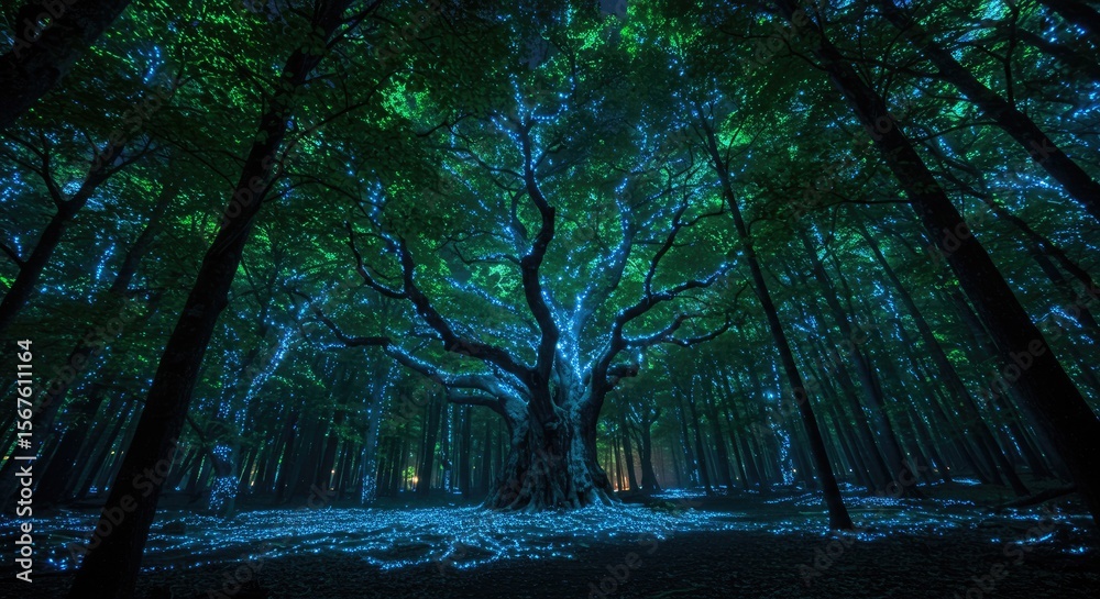 Naklejka premium Enchanted Forest at Night: Glowing Blue and Green Lights on Ancient Tree
