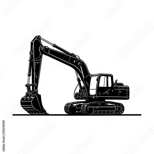Black and white illustration of an excavator with a raised arm and bucket.