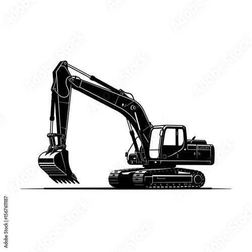 A powerful black and white illustration of a tracked excavator, ready for work.