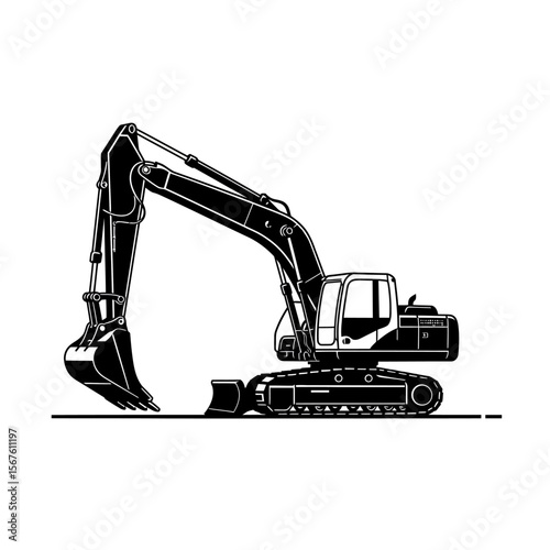 Black and white illustration of a construction excavator, ready for work.