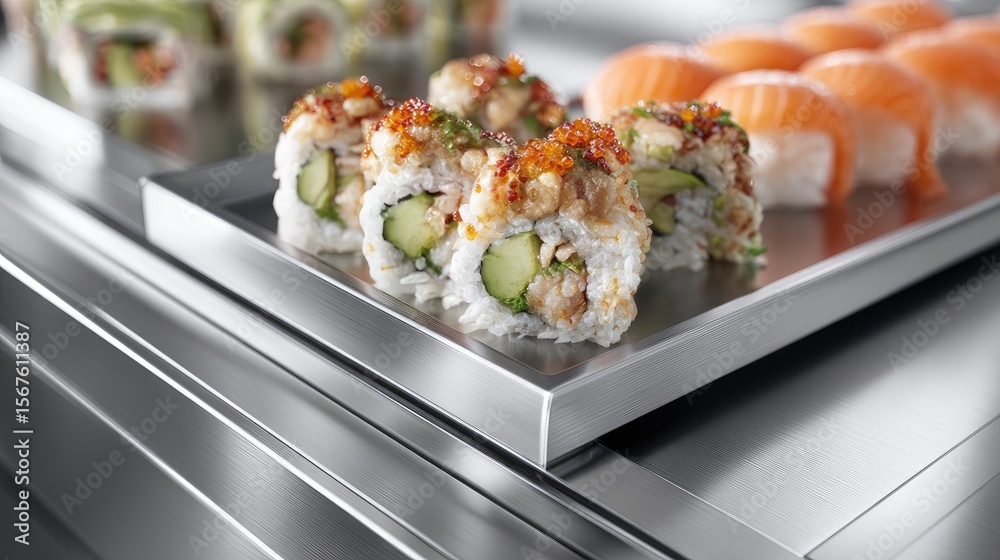 Sushi rolls on a stainless steel tray Sushi rolls on a stainless steel tray