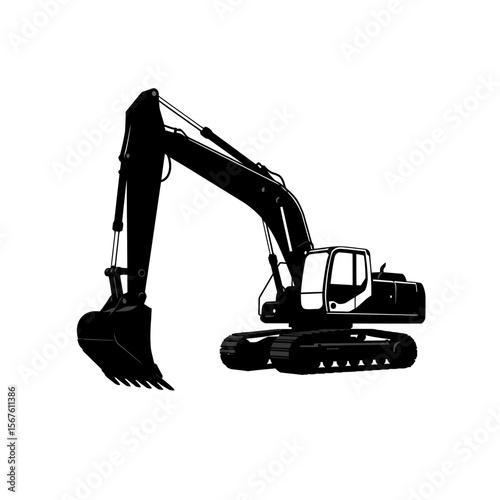 A powerful excavator, a black silhouette, ready for construction work.