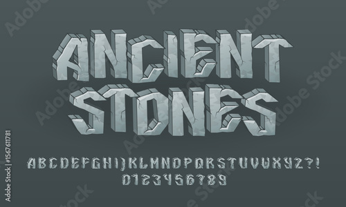 Ancient Stone alphabet font. 3D cartoon type letters, numbers, symbols. Stock vector typeface for your design.