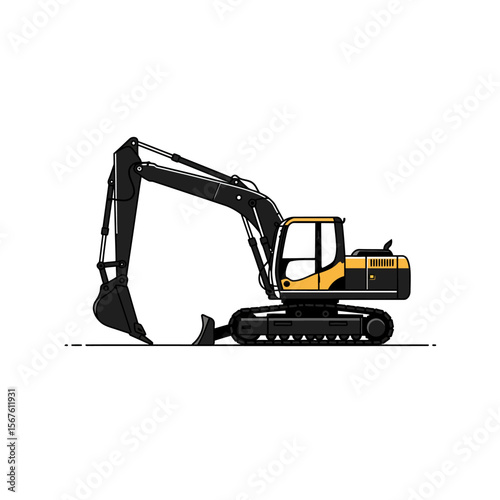 Illustration of a black and yellow excavator with a bucket, shown in a side view on a white background.