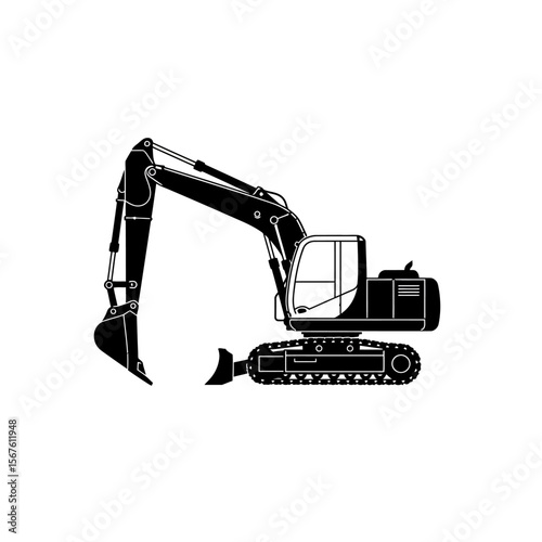 Silhouette of a modern construction excavator, side view, showing detailed arm and track mechanisms.