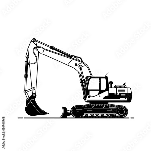 A black and white illustration of a powerful excavator, ready for work, showcasing its robust design and digging capabilities.
