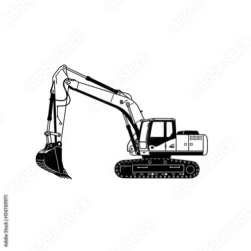 A black and white illustration of a construction excavator machine.