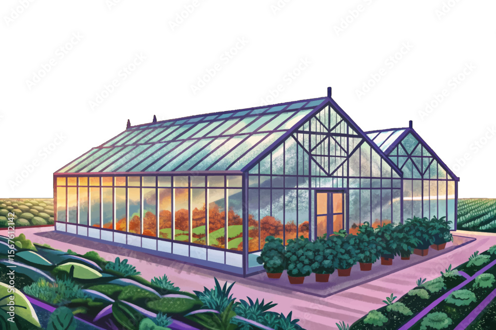 Fototapeta premium Greenhouse Farm with Glass Structures and Crops Inside cartoon vector Modern Sustainable Farming