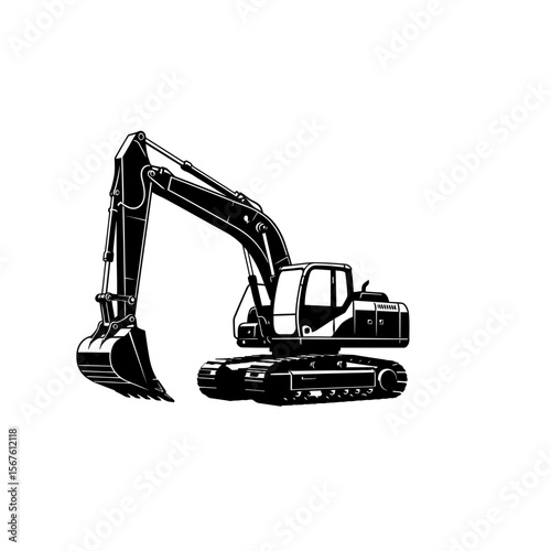 A powerful black silhouette of a tracked excavator, ready for work.