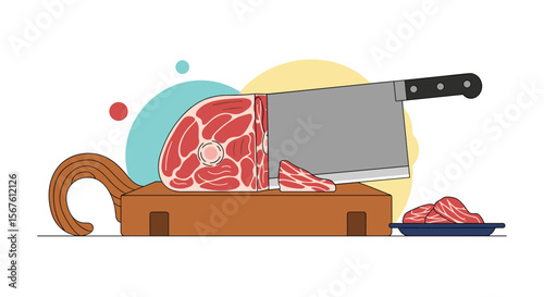 Butcher chopping a large piece of meat with a cleaver on a wooden board