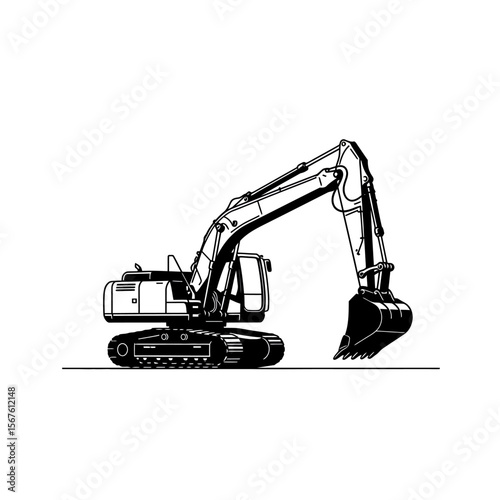 Black and white illustration of an excavator with its bucket lowered, ready for digging.