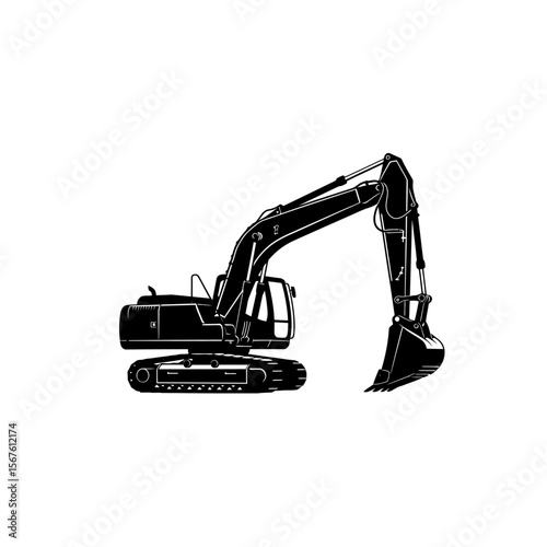 A black silhouette of a powerful excavator, ready for work, its bucket poised.