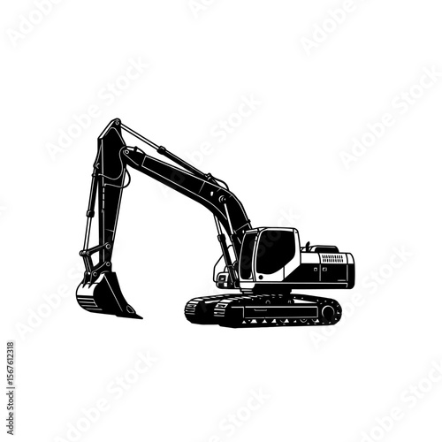 A powerful black and white illustration of a tracked excavator, ready for heavy construction work.
