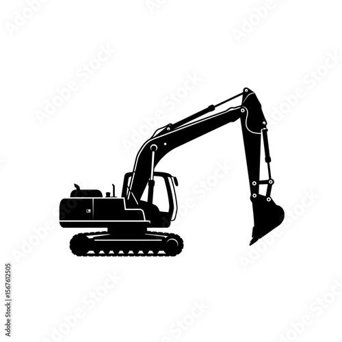 Silhouette of a large construction excavator, side view.