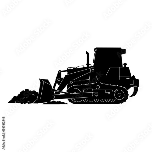Silhouette of a bulldozer pushing a pile of dirt, isolated on a white background.