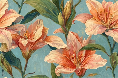 Seamless pattern of Bright pink and cream flowers with green leaves against a soft blue background in a decorative floral pattern