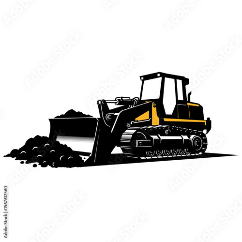 A black and yellow bulldozer moving dirt on a white background.
