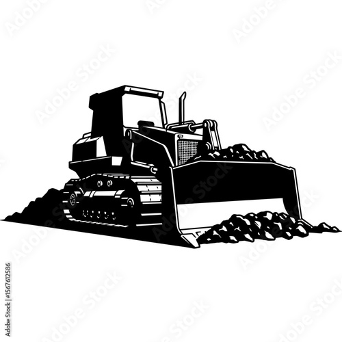 A black and white illustration of a bulldozer pushing earth.