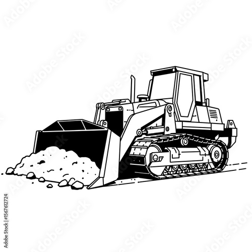 Black and white illustration of a bulldozer pushing a pile of dirt or debris.