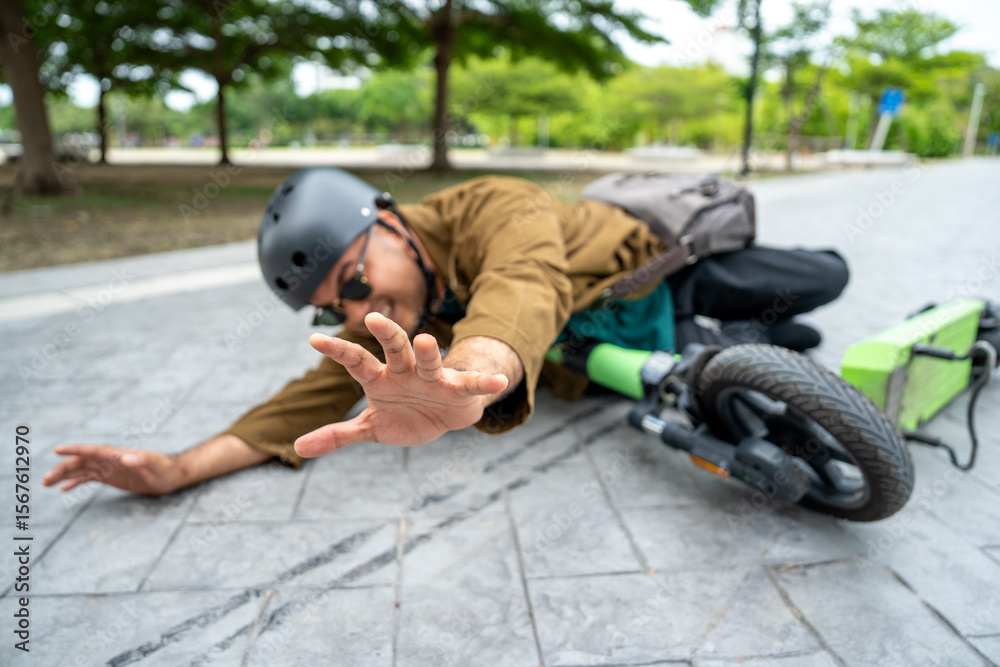 Fototapeta premium Young Asian Businessman falling off EV scooter on the road. Accident Injury leg pain. Broken leg falls off the Scooter. Accident on the road.