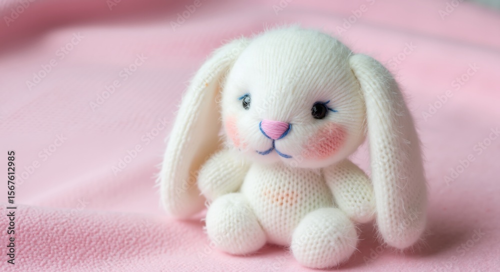 Fototapeta premium Cute white knitted bunny toy sitting on soft pink blanket. Handmade rabbit plushie for children and baby gifts. Easter decoration concept