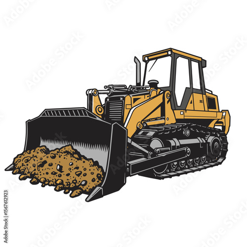 A powerful yellow bulldozer moves earth, its blade full of rocks and soil.