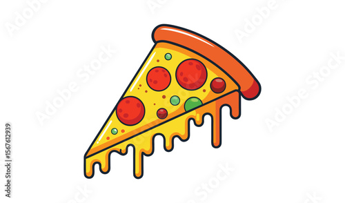 Stylized slice of pepperoni and green pepper pizza with dripping cheese