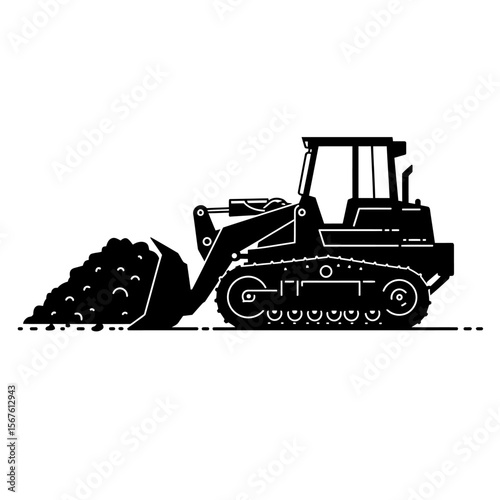 A black silhouette of a bulldozer moving a large pile of dirt.