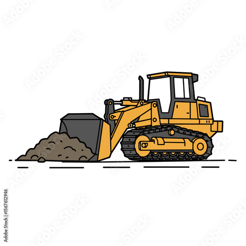 A yellow bulldozer scoops up a pile of dirt with its front loader.