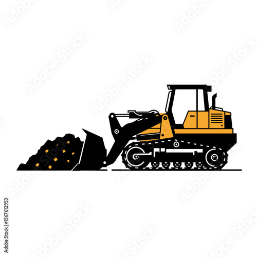 Yellow and black bulldozer with bucket full of dirt, side view.