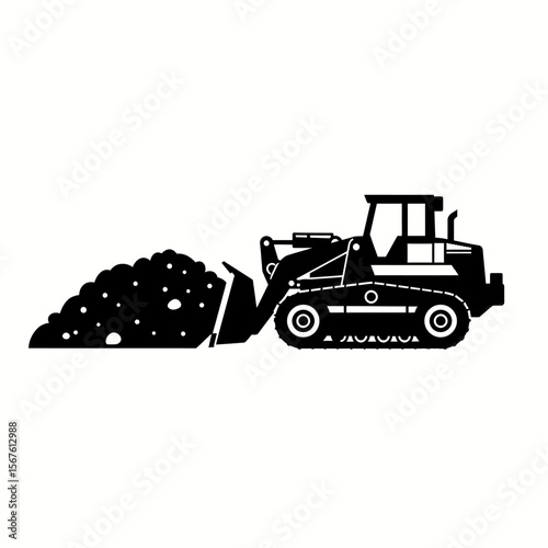 A black and white illustration of a bulldozer pushing a pile of dirt.