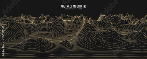Contour mountain landscape. Waved line art. Abstract minimal topographic map. Contour lines with elevations and terrain depth. Vector illustration.