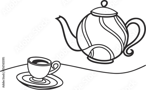 Vector art of a teapot and a cup are drawn isolated on white background