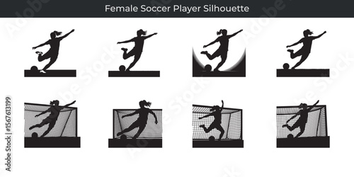 Dynamic silhouette illustrations depicting female soccer player actions including kicking and goal saving