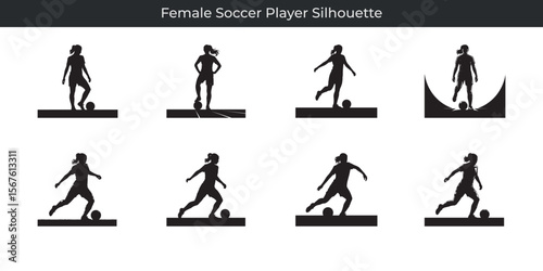 Silhouette depictions of dynamic female soccer player actions on a white background